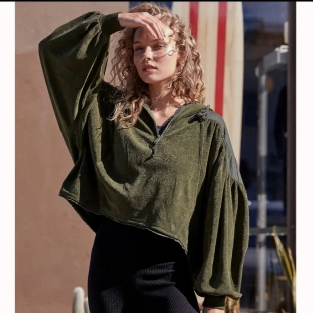 Free People Movement Let It Go Sweat Jacket Army Green Quarter Zip Hoodie Small